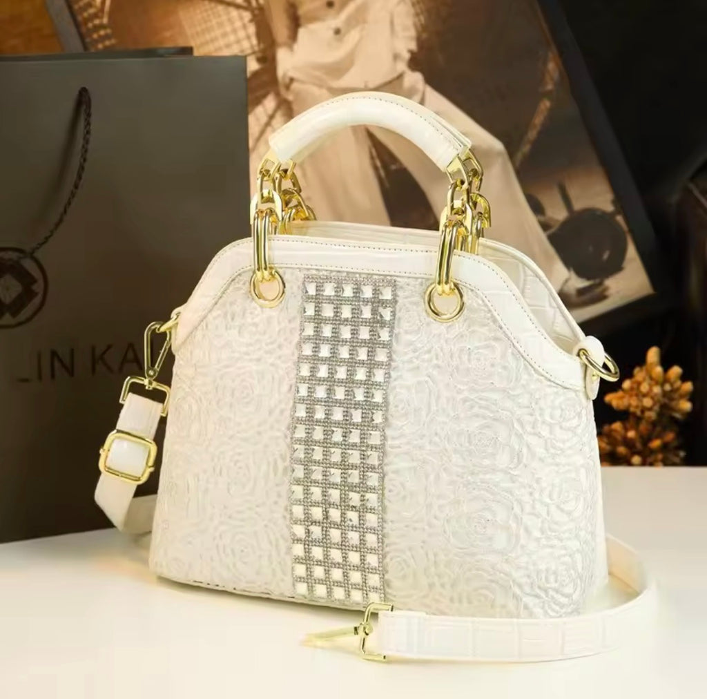 Luxury Crocodile Pattern Lacquer Leather Handbag – Rhinestone Diamond Inlaid Rose Embossed Single Shoulder & Crossbody Bag