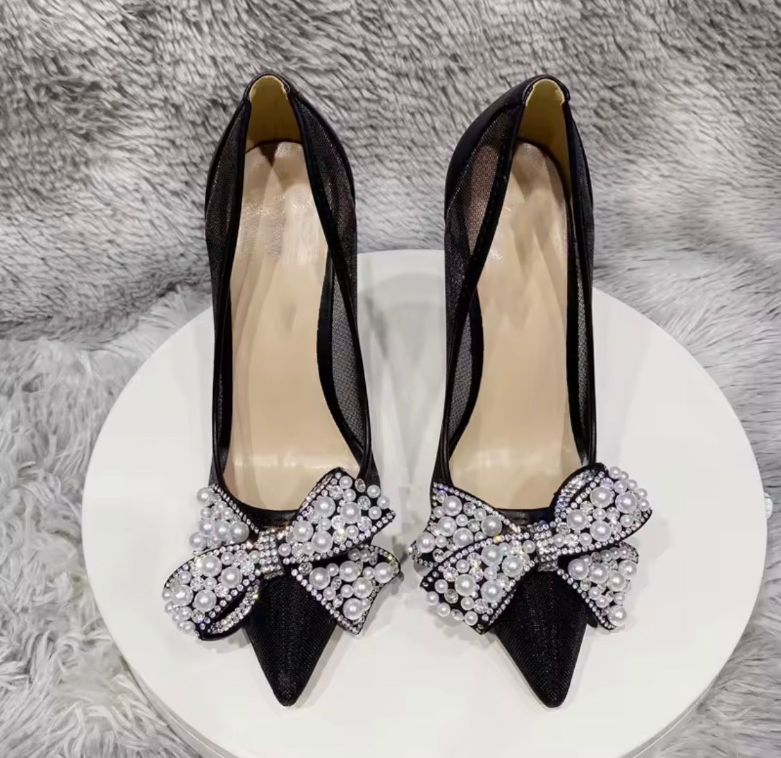 Black Lace Mesh High Heels with Bow Accents | Pointed Toe Stiletto Pumps | Pearl, Rhinestone & Classic Lace Wedding & Evening Shoeshine