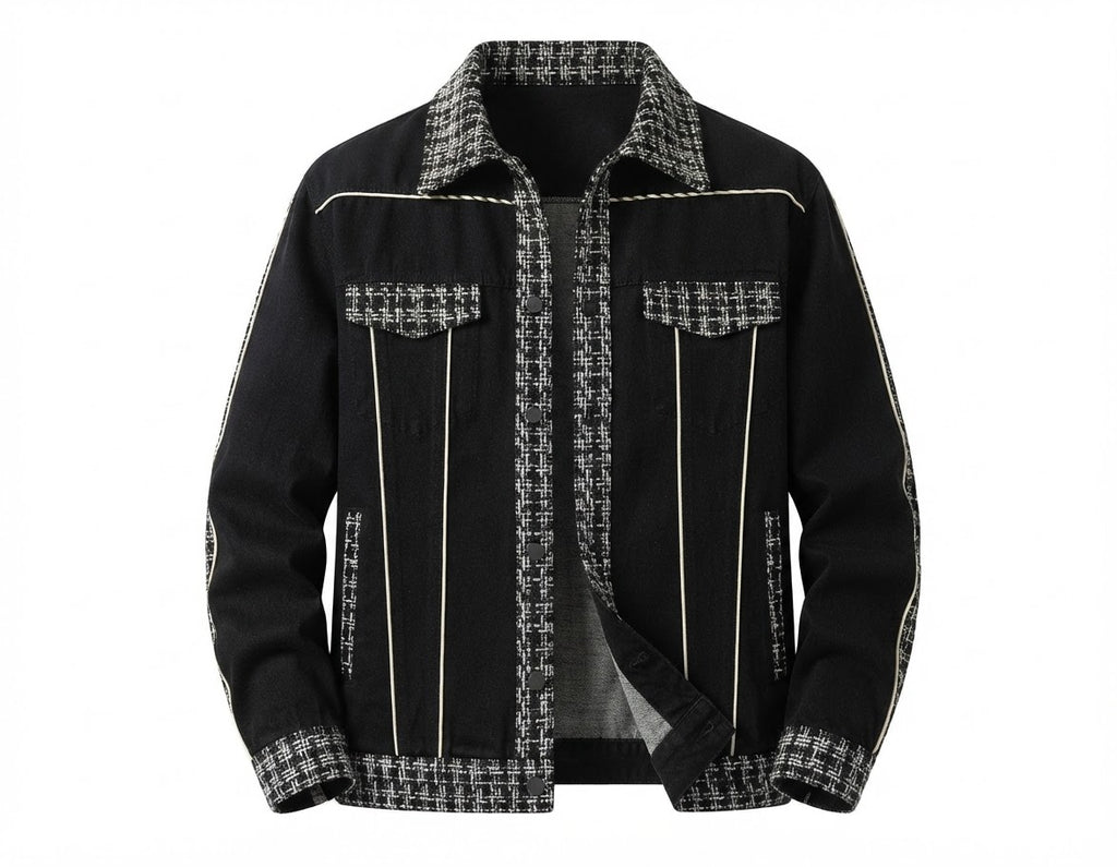 Men's Turn-Down Collar Long Sleeve Tweed Trim Patchwork Color Block Casual Button-Down Jacke