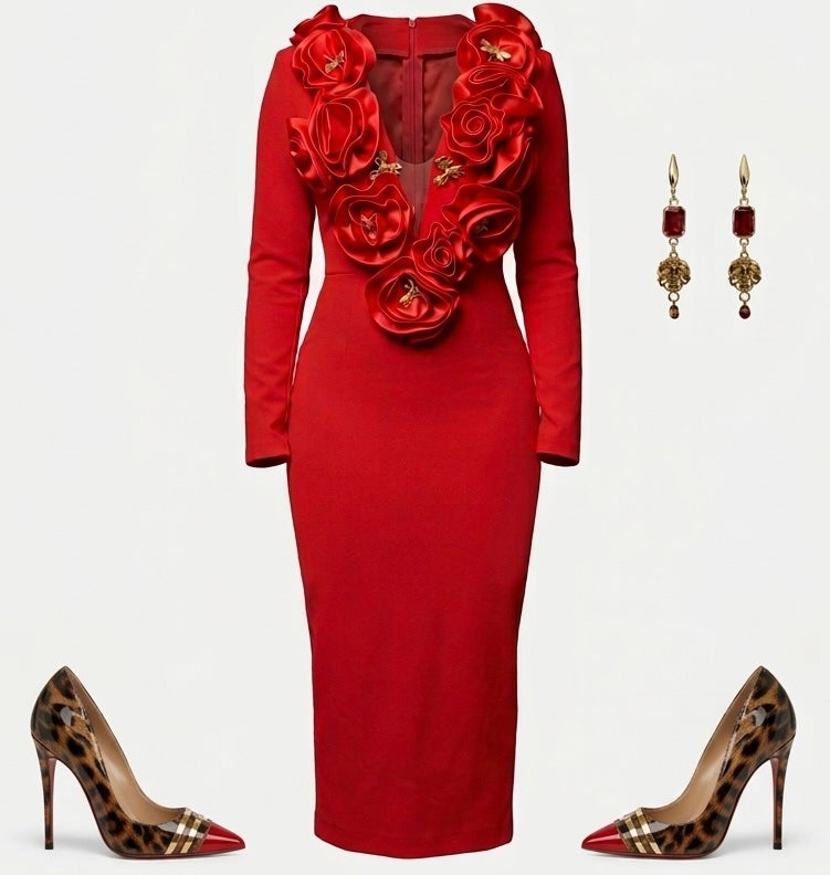 3 piece 3d flower dress, heels and Earrings set