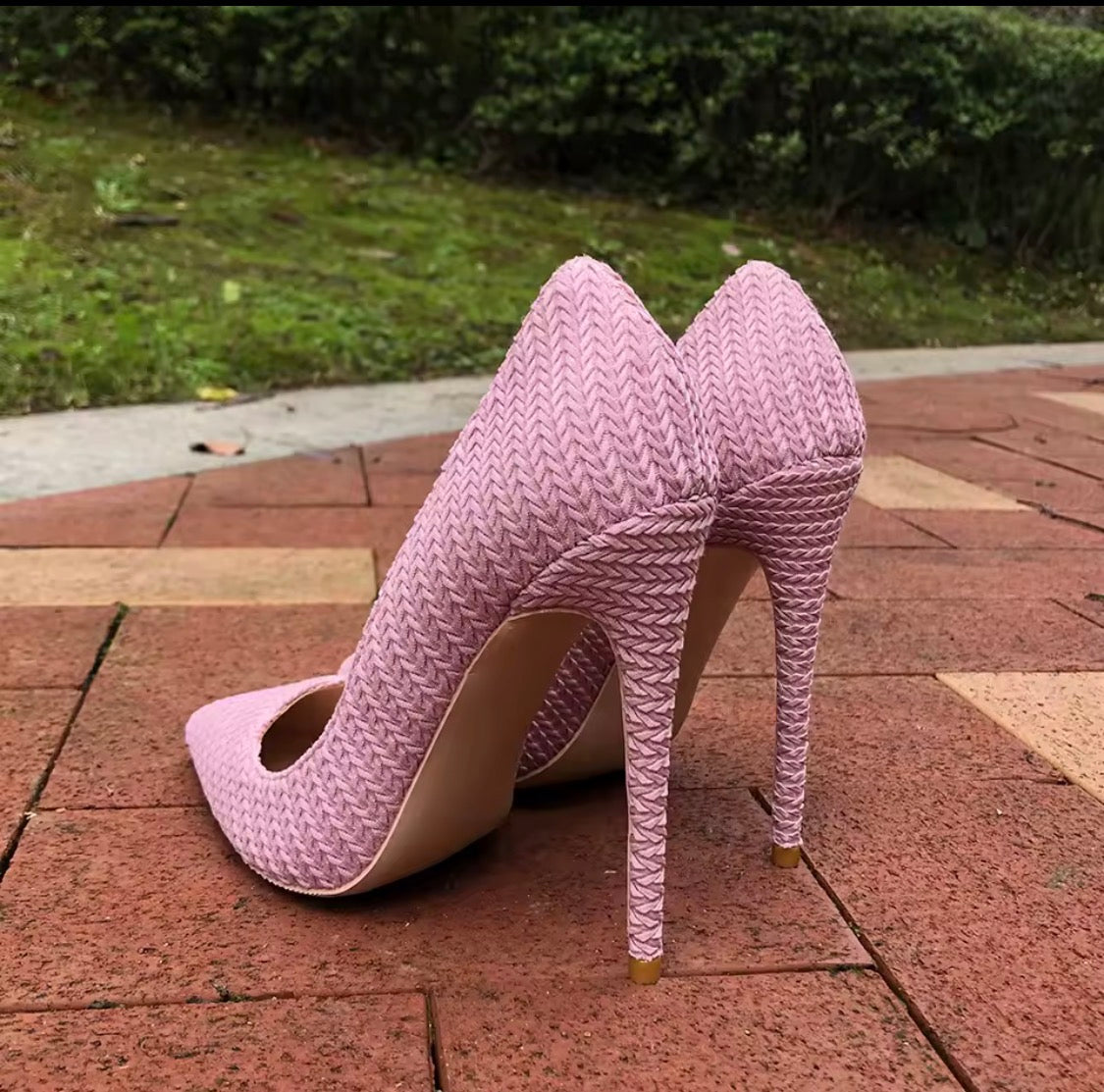 Pink Woven Fabric High Heels, Pointed Toe Stiletto Pumps, Textured Pink Dress Shoes, Chic Women's Party Heels, Elegant Spring Summer Shoes