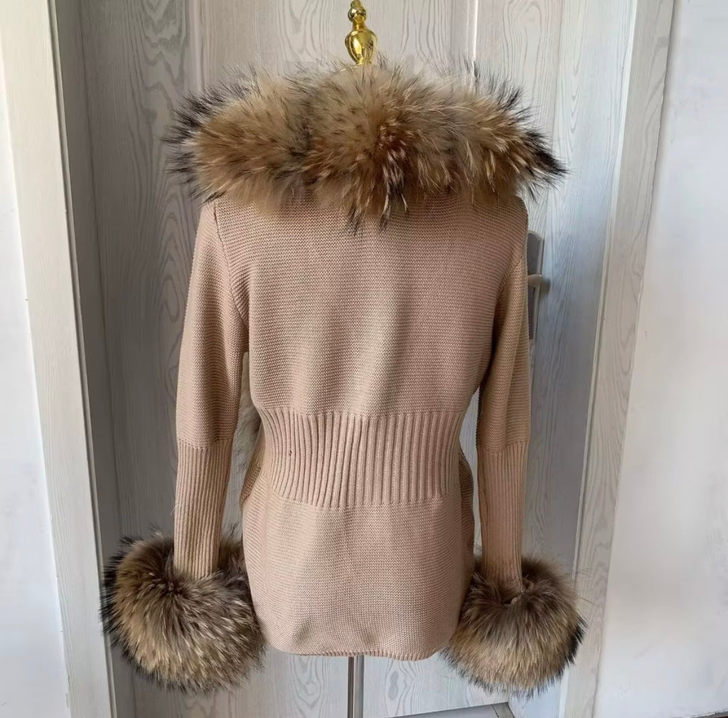 Luxury Real Fox Fur Cardigan with Sleeves & Cuffs | Handcrafted Knit Wool Blend Sweater with Genuine Fox Fur Trim