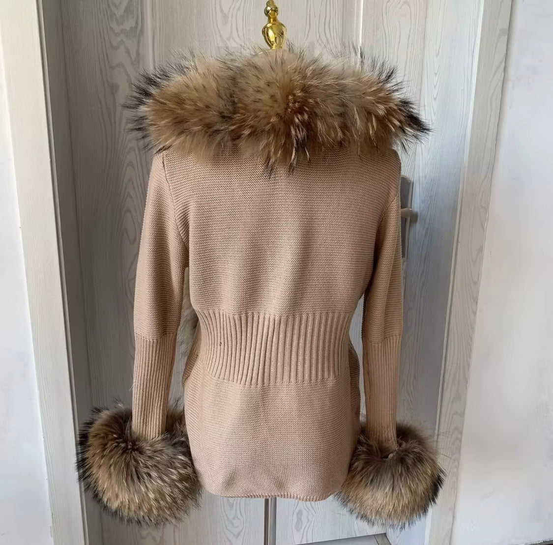 Luxury Real Fox Fur Cardigan with Sleeves & Cuffs | Handcrafted Knit Wool Blend Sweater with Genuine Fox Fur Trim
