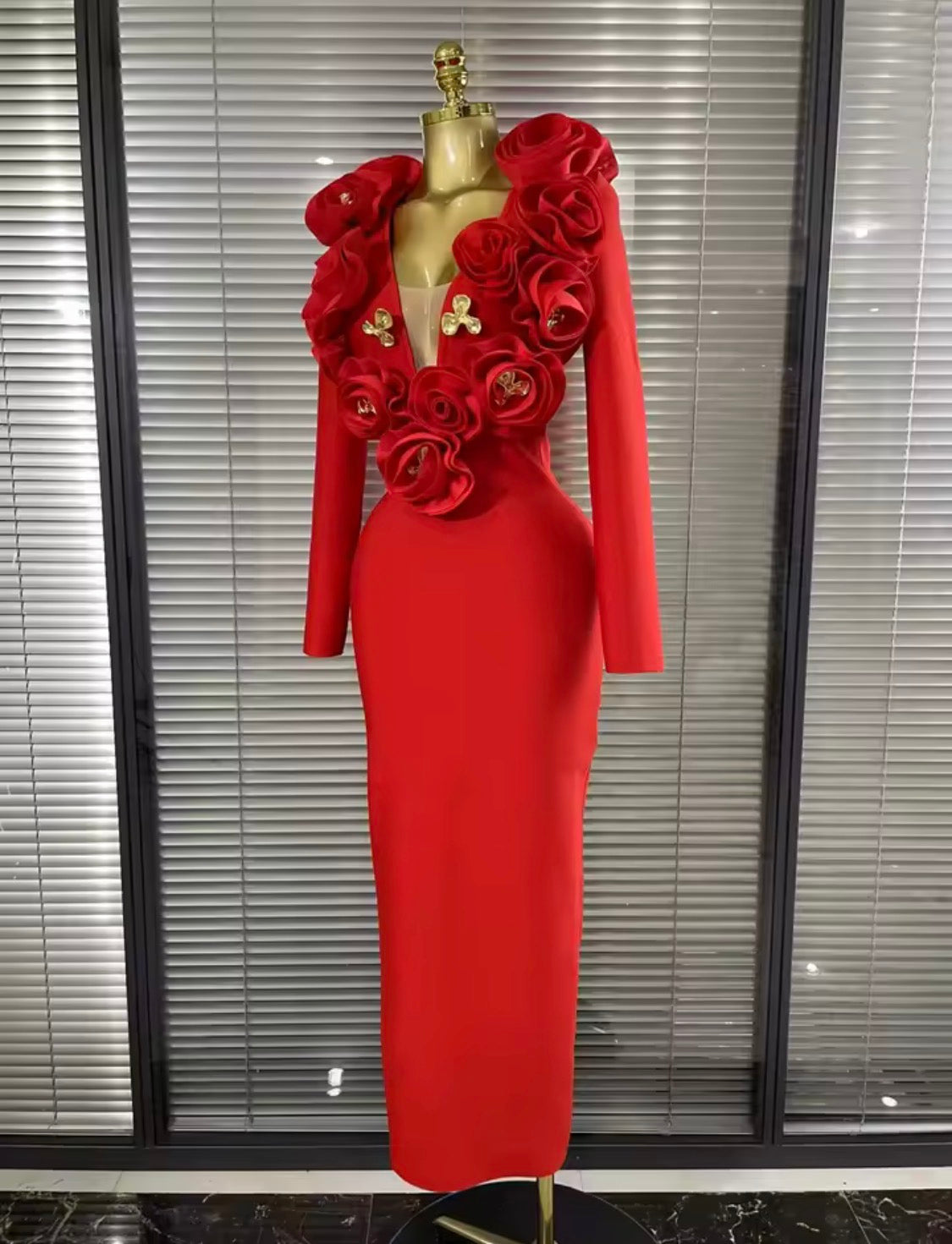 Luxury 3D Rose Floral Accent Long Sleeve Maxi Bandage Dress – Elegant Evening Gown