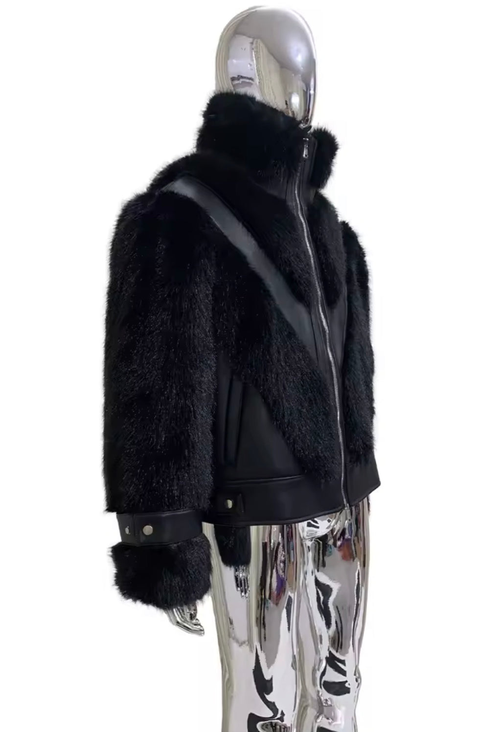 Men's Luxury Faux Fur & Leather Bomber Jacket – Winter Statement Outerwear with Stand Collar & Buckle Cuffs