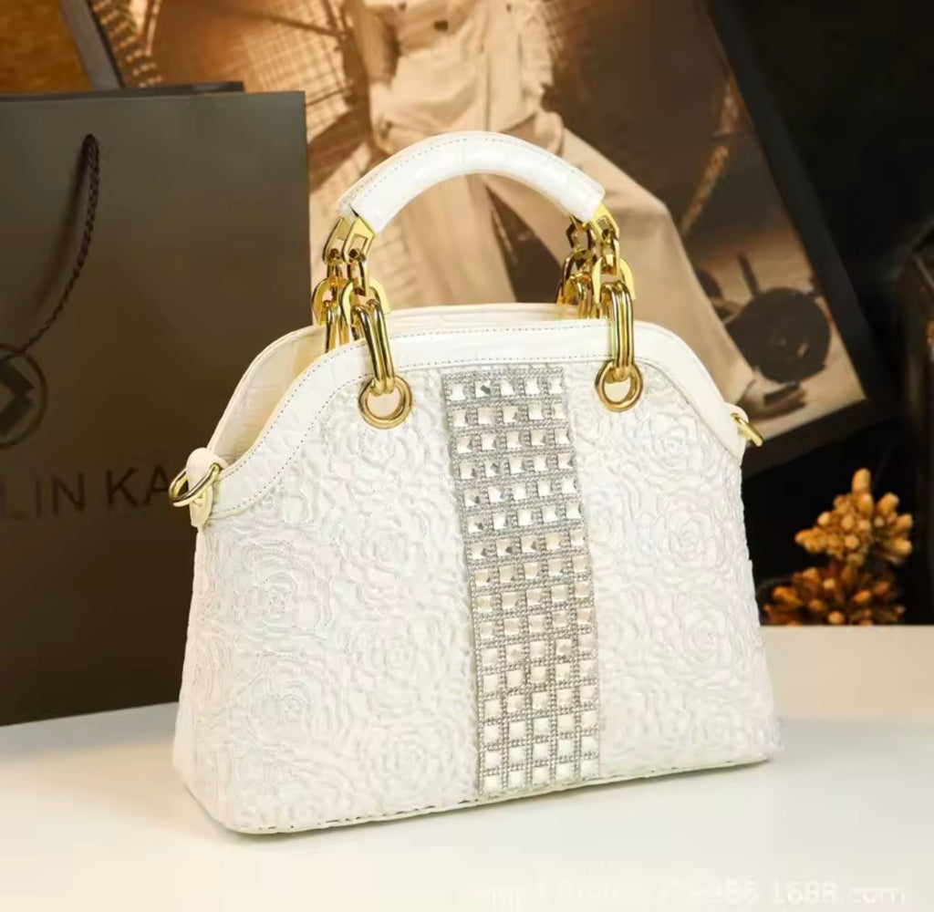 Luxury Crocodile Pattern Lacquer Leather Handbag – Rhinestone Diamond Inlaid Rose Embossed Single Shoulder & Crossbody Bag