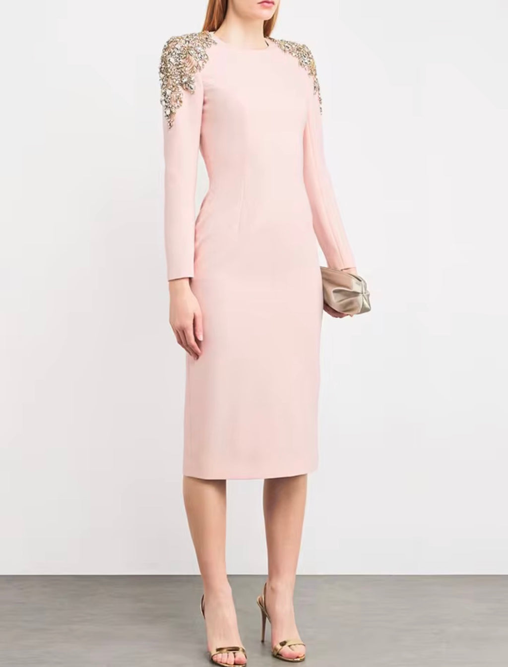 Elegance Crystal Beaded Shoulder Midi Dress, Long Sleeve Cocktail Party Dress, Luxury Formal Evening Gown