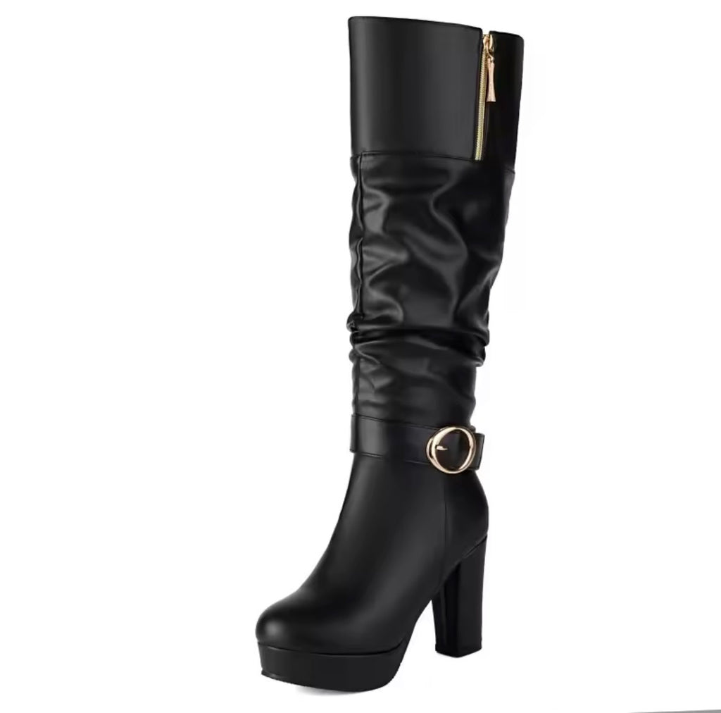 Women's Slouchy Knee High Boots Chunky High Heel Platform Buckle Strap Long Boots Side Zipper Dress Booties