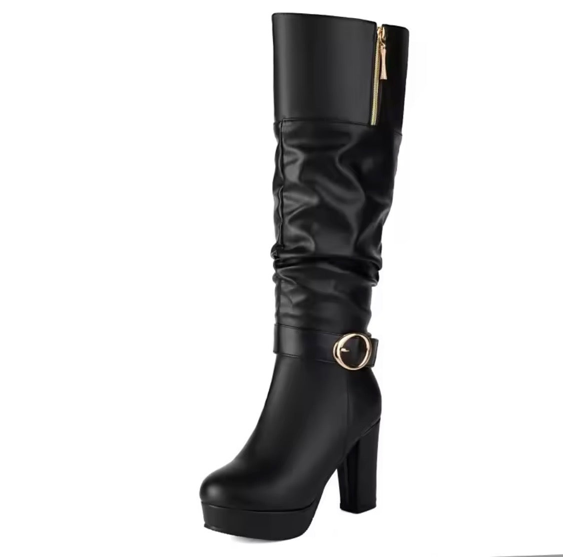Women's Slouchy Knee High Boots Chunky High Heel Platform Buckle Strap Long Boots Side Zipper Dress Booties