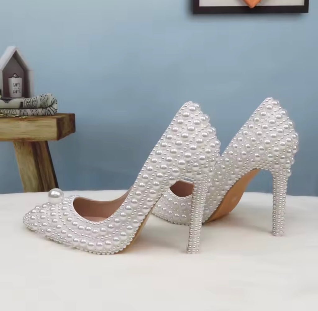 Pearl Wedding Shoes and Matching Clutch Set, Bridal Stilettos or Flats, Beaded Wedding Heels, Custom Bride Handbag and Shoes