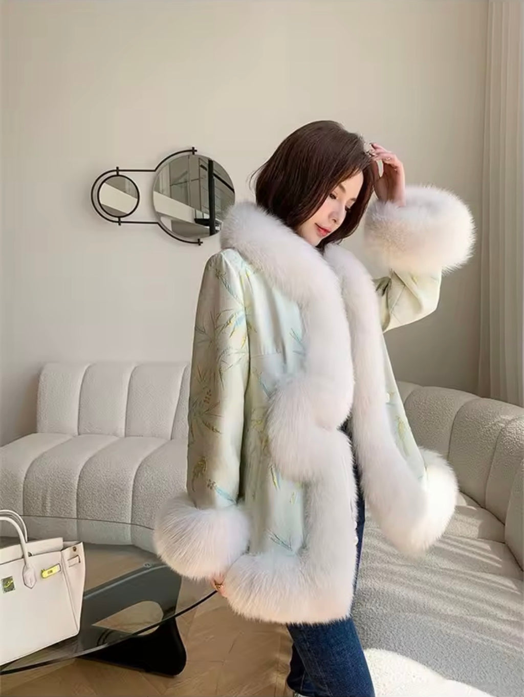 Luxury Faux Fur Trim Jacquard Jacket – Elegant Brocade Winter Coat