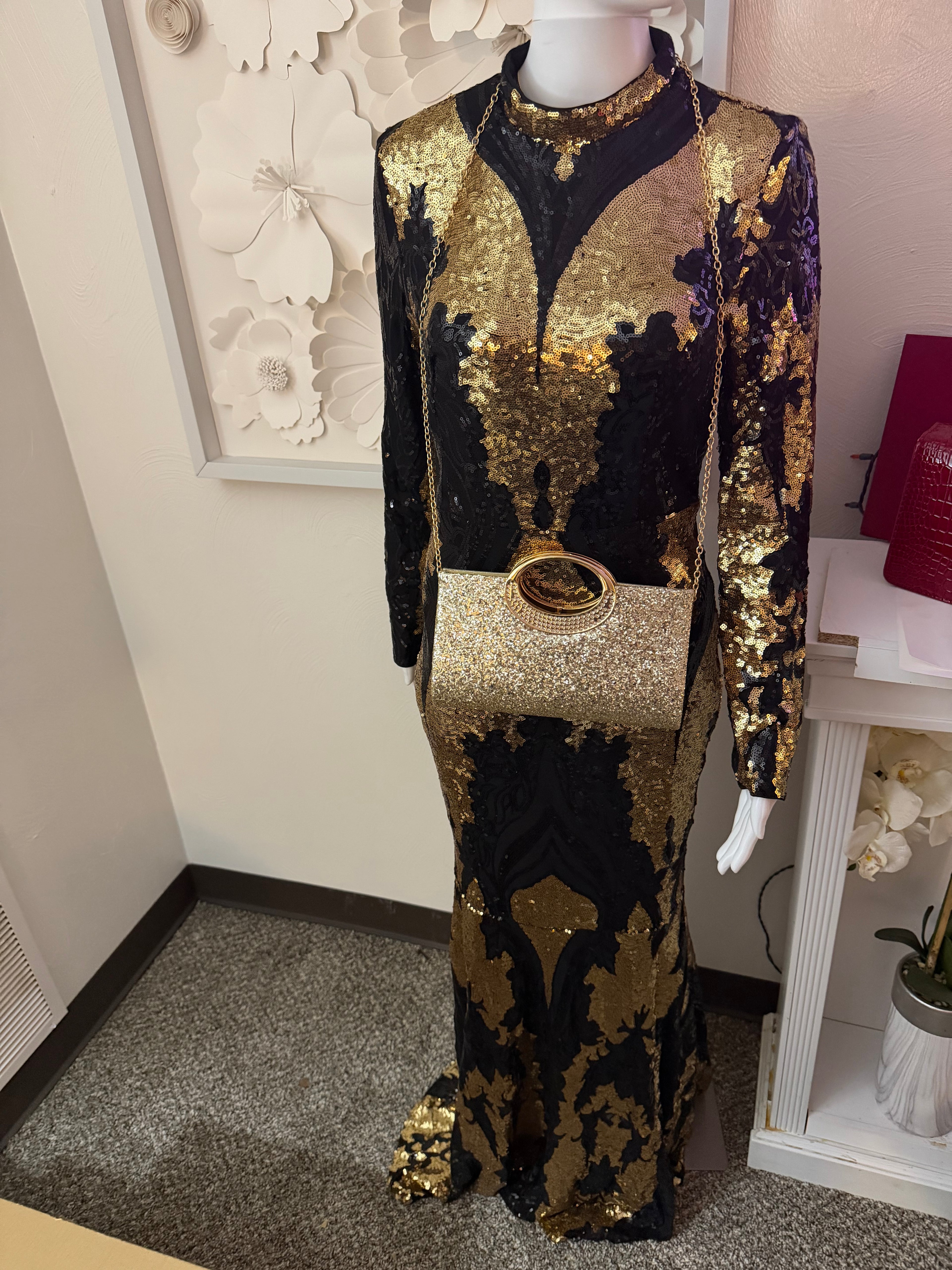 3 piece Black & Gold Sequin Evening Gown with Black Pumps and Gold Clutch set