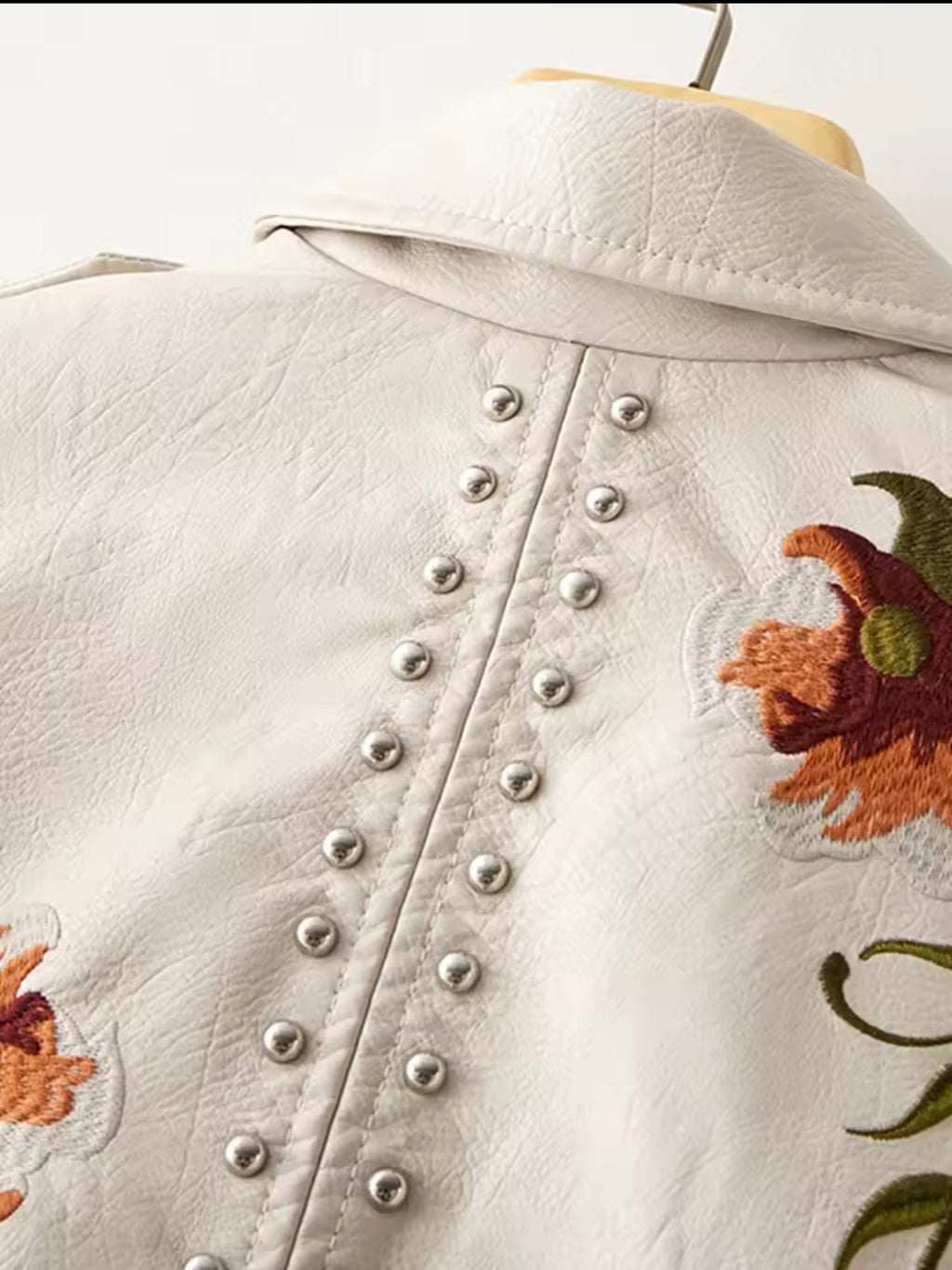 Women's Vintage Floral Embroidered Faux Leather Moto Jacket – Studded Asymmetric Biker Coat