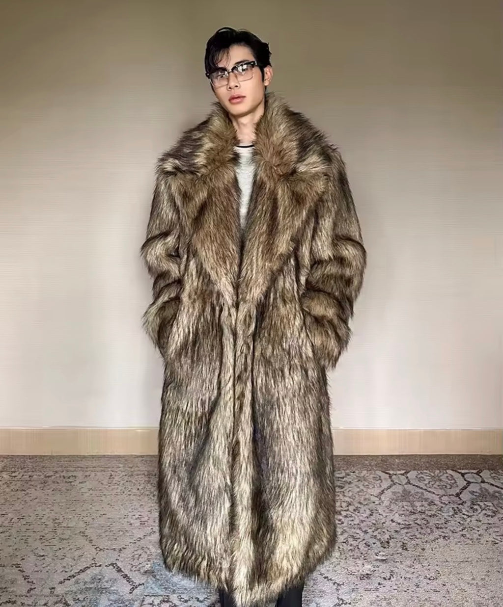 Luxury Men’s Long Faux Fur Trench Coat | Statement Oversized Winter Outerwear | Warm Shaggy Wolf Fur Style Coat