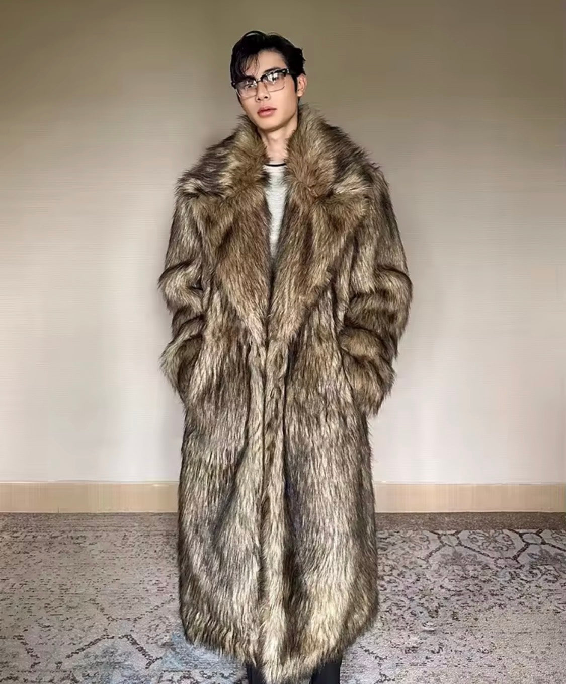Luxury Men’s Long Faux Fur Trench Coat | Statement Oversized Winter Outerwear | Warm Shaggy Wolf Fur Style Coat