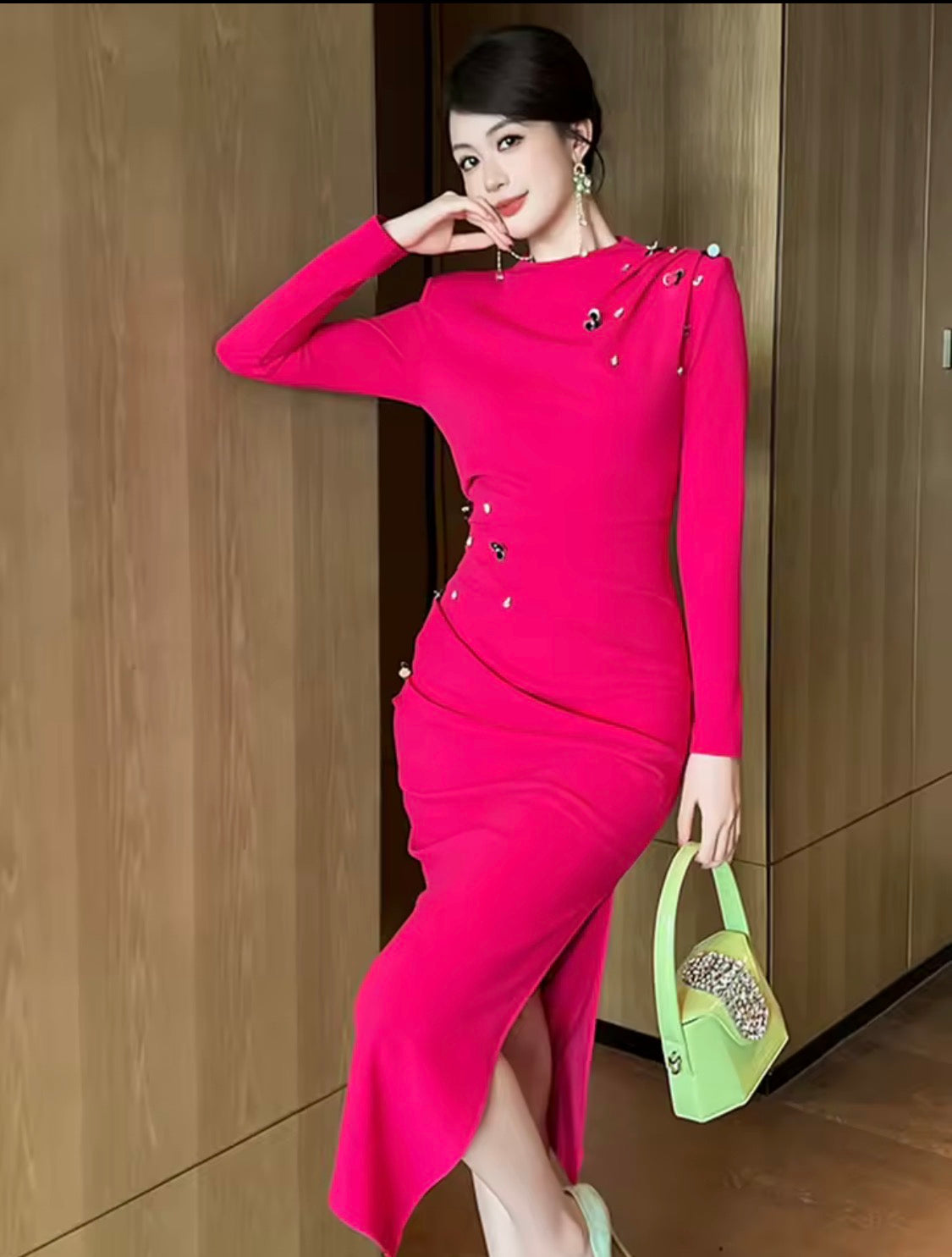 Red Rose Ruched Long-Sleeve Midi Dress with Bead Embellishments | Chic Cocktail & Party Dress