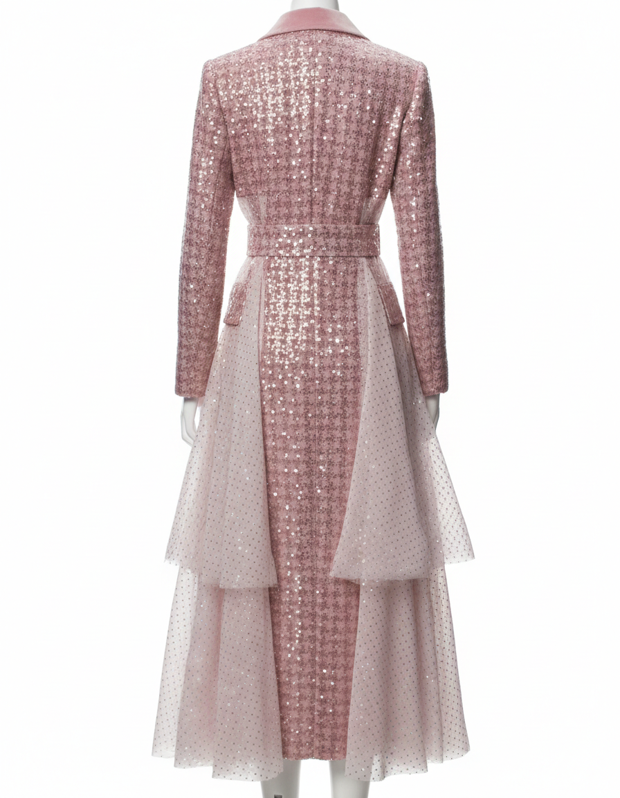Pink Sequin Tweed trench Coat with Tiered Tulle Hem | Elegant Belted Dress Coat