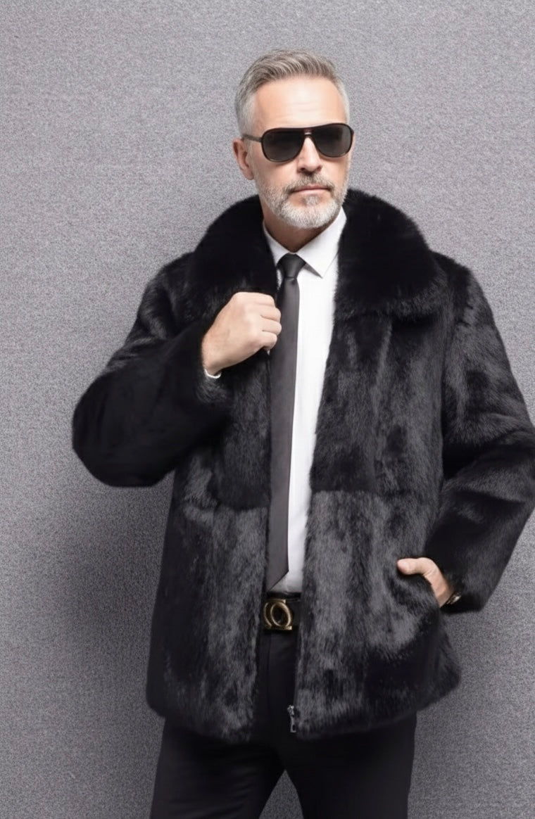 Men's Real Rabbit Fur Jacket with Fox Fur Collar | Luxury Winter Overcoat