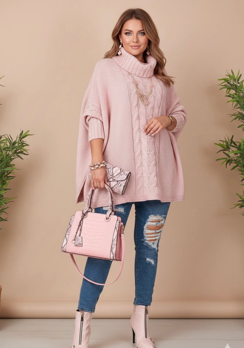 Women worn jean and pink batwing sweater plus size outfit