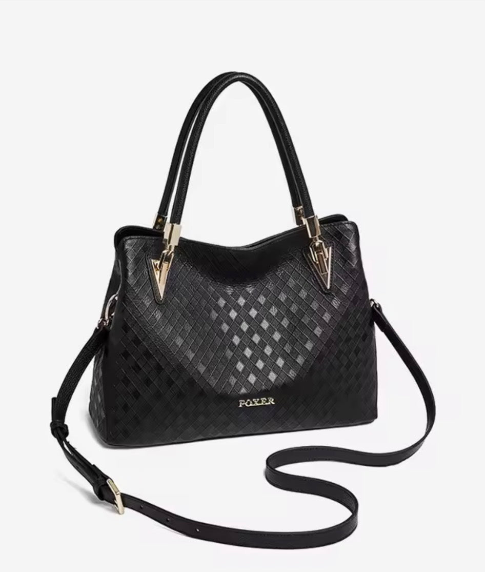 FOXER Luxury Genuine Cow Leather Top Handle Handbag – Designer Woven Pattern Tote, Multi-Compartment Satchel & Crossbody Bag for Women