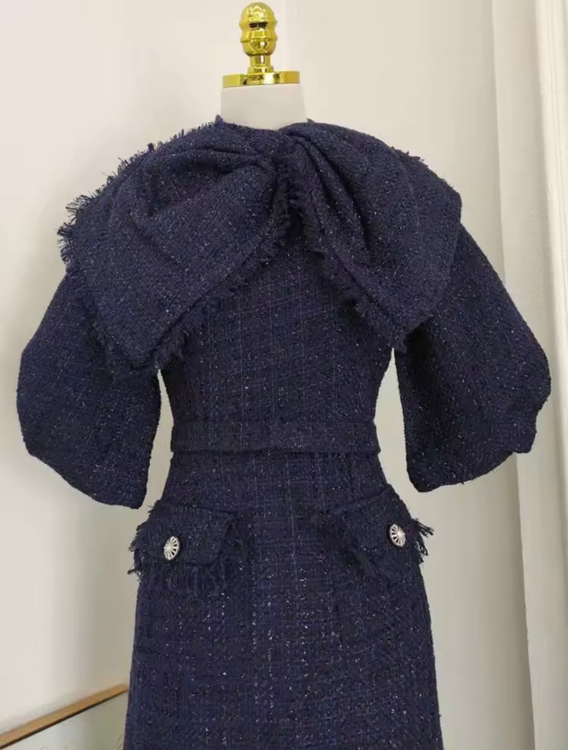 The Baroque Sapphire Complete Outfit Set | Navy Blue Tweed Bow-Tie Dress, Matching Stiletto Heels, Structured Vanity Handbag & Gold Birthstone Jewelry Set | Luxury Boutique Curated Collection