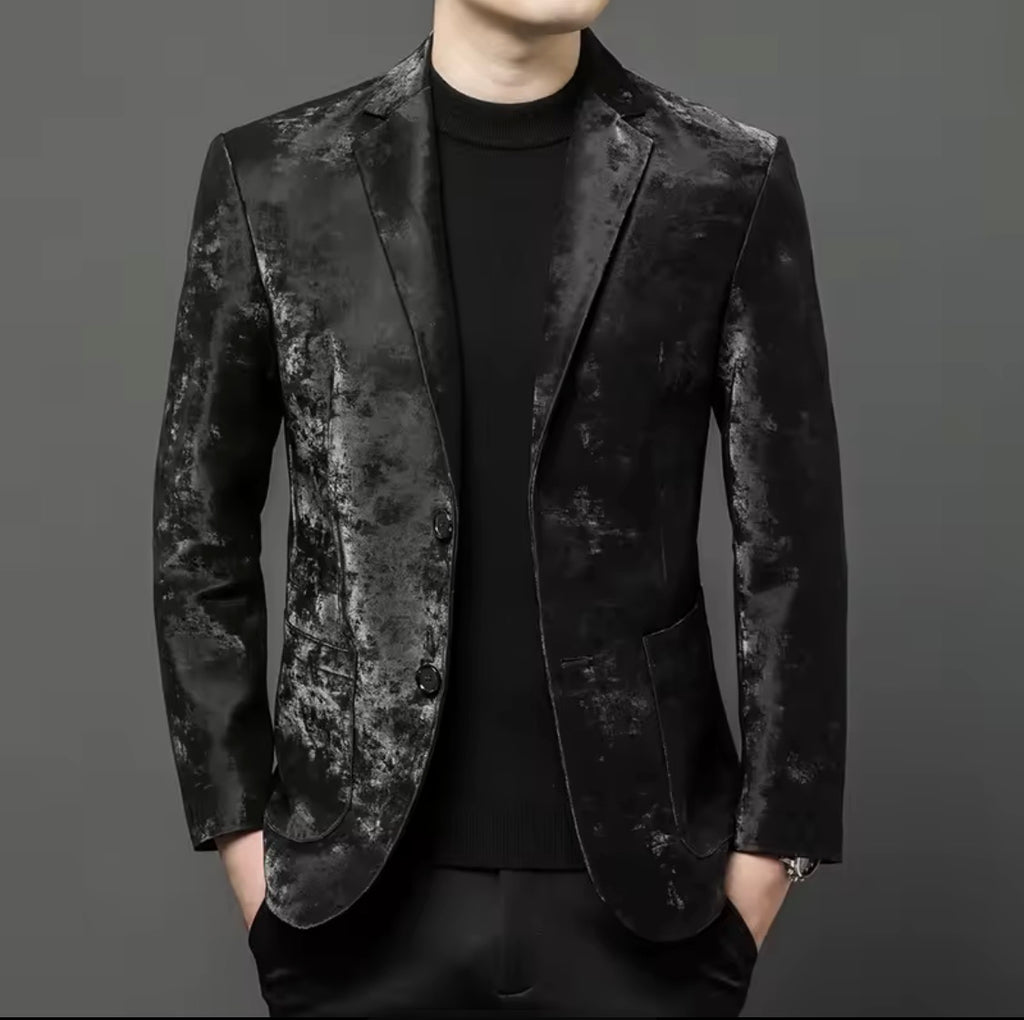 Men's Genuine Sheepskin Leather Blazer Jacket, Luxury Textured Pattern Slim Fit Sport Coat, Black Leather Tuxedo Blazer for Men, Gift for Him