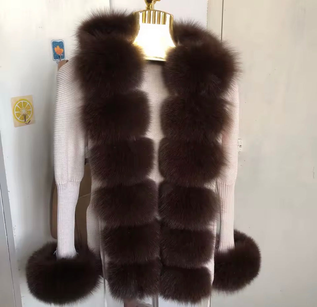 Luxury Real Fox Fur Cardigan with Sleeves & Cuffs | Handcrafted Knit Wool Blend Sweater with Genuine Fox Fur Trim