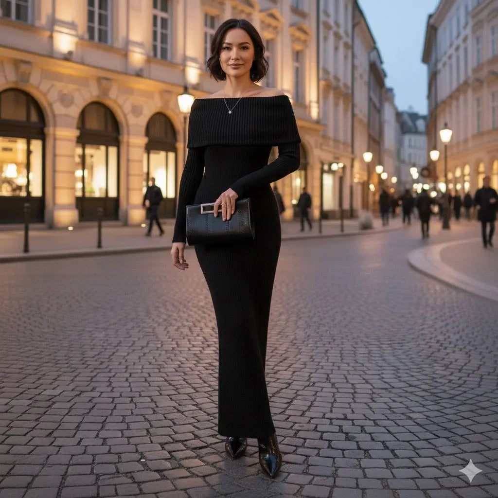 Ultimate Red Luxe Night Out Ensemble - Off-Shoulder Knit Dress, Knee-High Crocodile Boots, Statement Necklace & Clutch