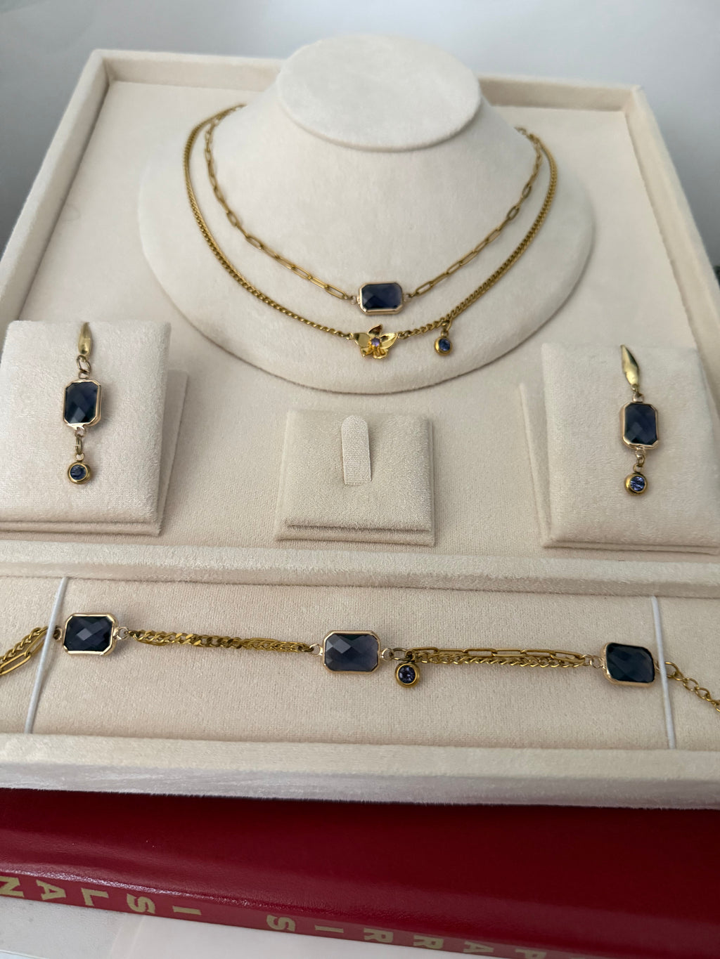 18k Gold PVD Birth Month double layered pendant Necklace, Bracelet and Earrings 3 pce set.