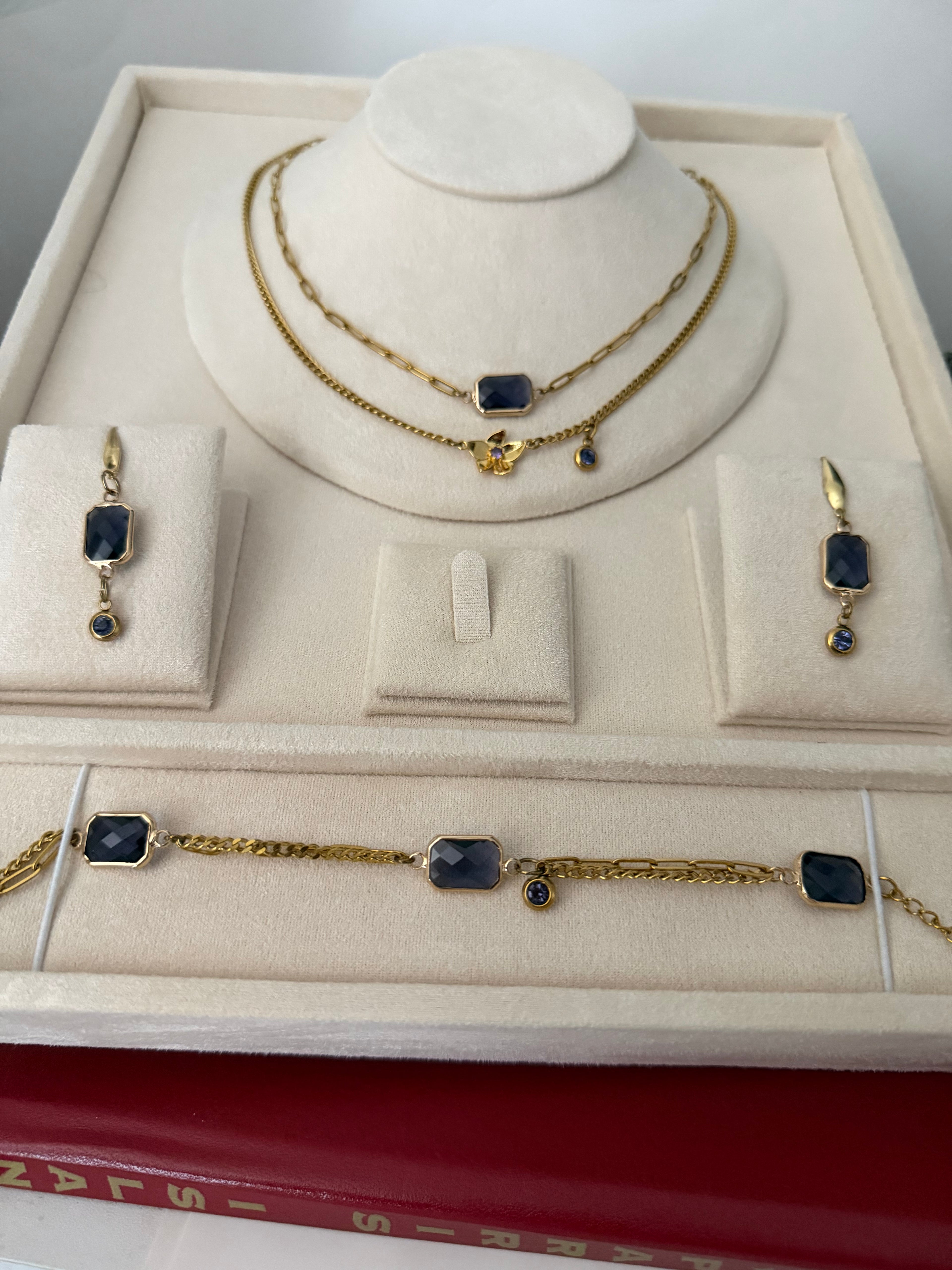 18k Gold PVD Birth Month double layered pendant Necklace, Bracelet and Earrings 3 pce set.