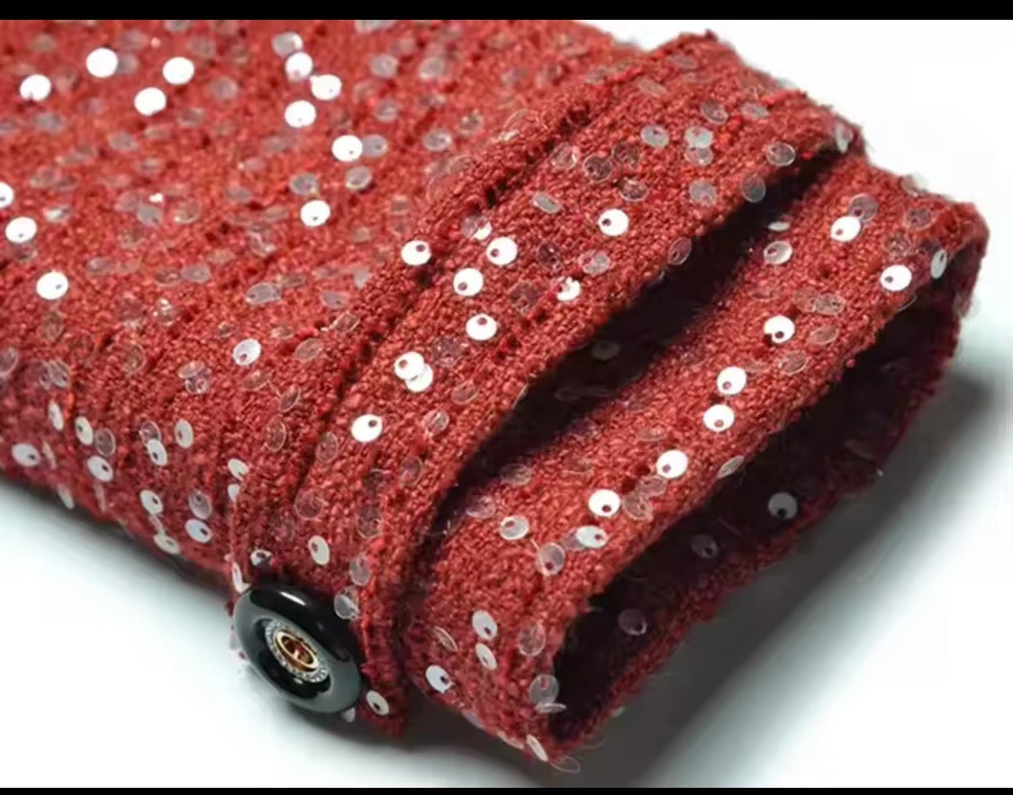 Elegant Sparkly Tweed Long Sequin Trench Belted Evening Overcoat with fur collar