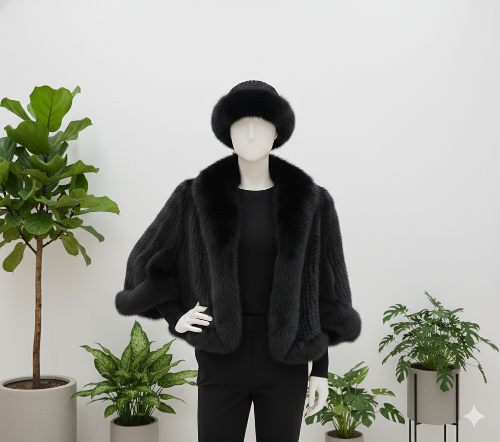 Mink fur ponchos and Hat set|Fox Fur trim