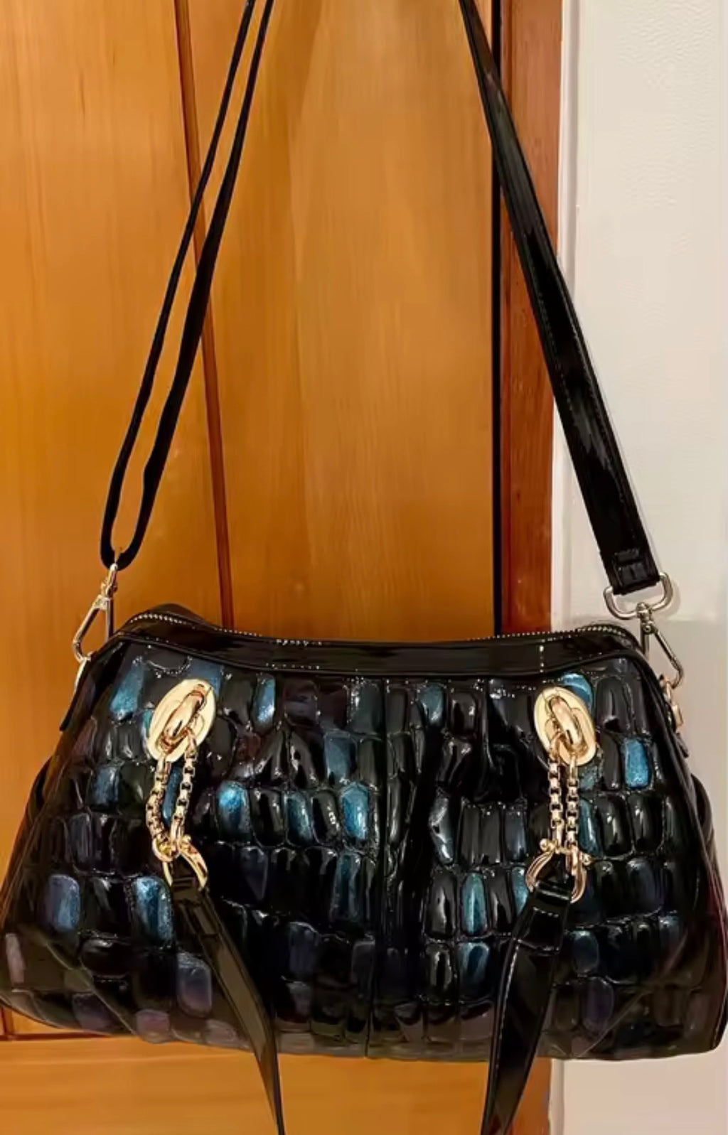Gradient Leather Satchel Bag, Crocodile Print Top Handle Handbag