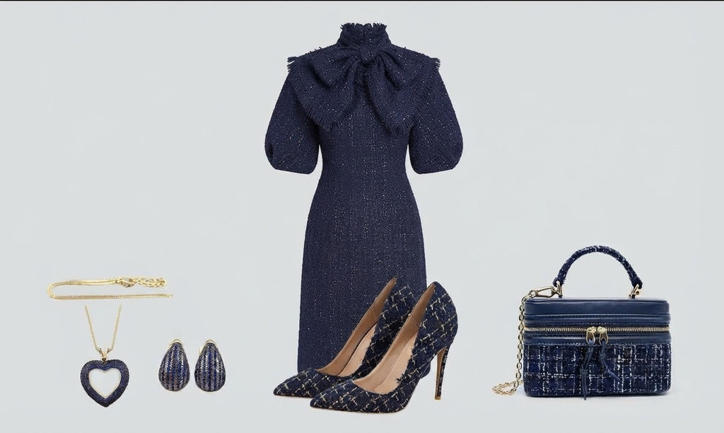 The Baroque Sapphire Complete Outfit Set | Navy Blue Tweed Bow-Tie Dress, Matching Stiletto Heels, Structured Vanity Handbag & Gold Birthstone Jewelry Set | Luxury Boutique Curated Collection