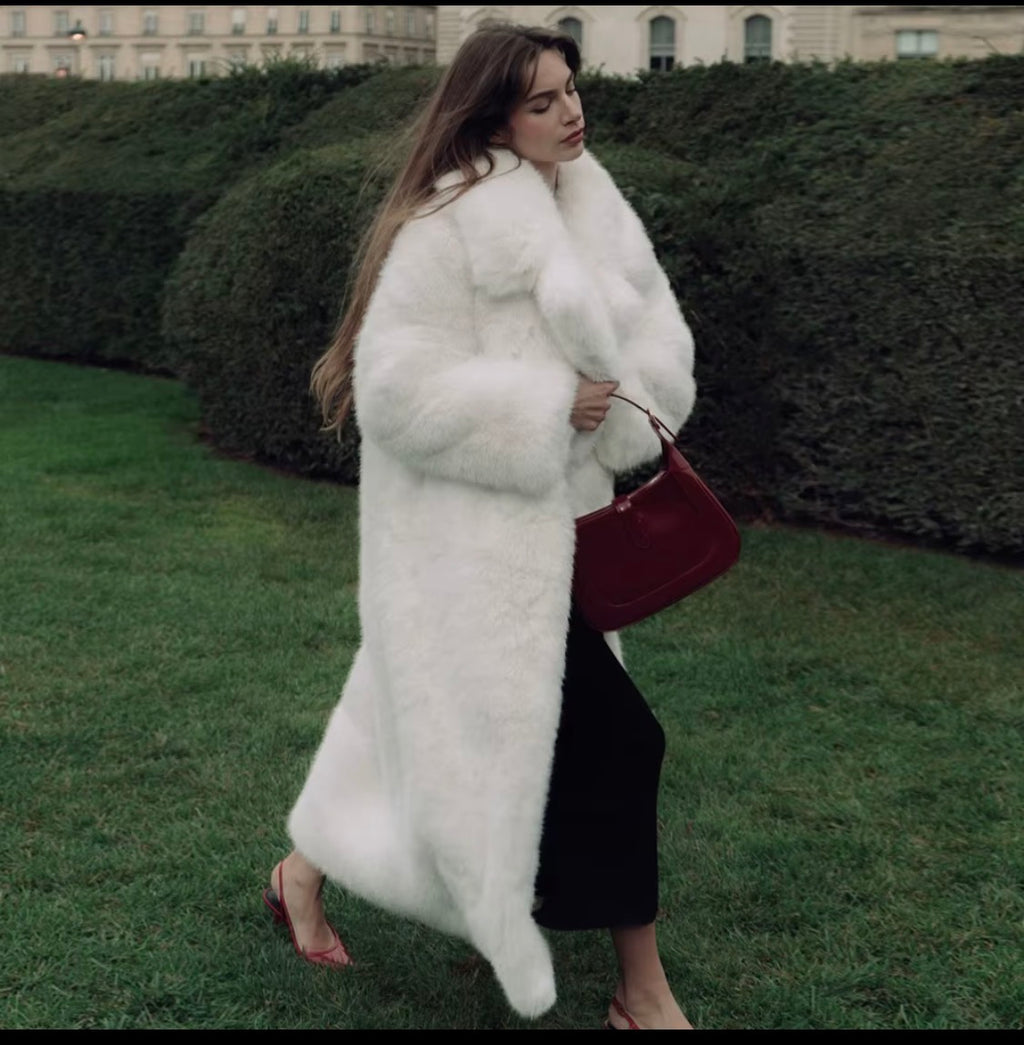 Luxury Women's White Faux Over Coat - Elegant Long Faux Fur Jacket with Oversized Collar for Winter