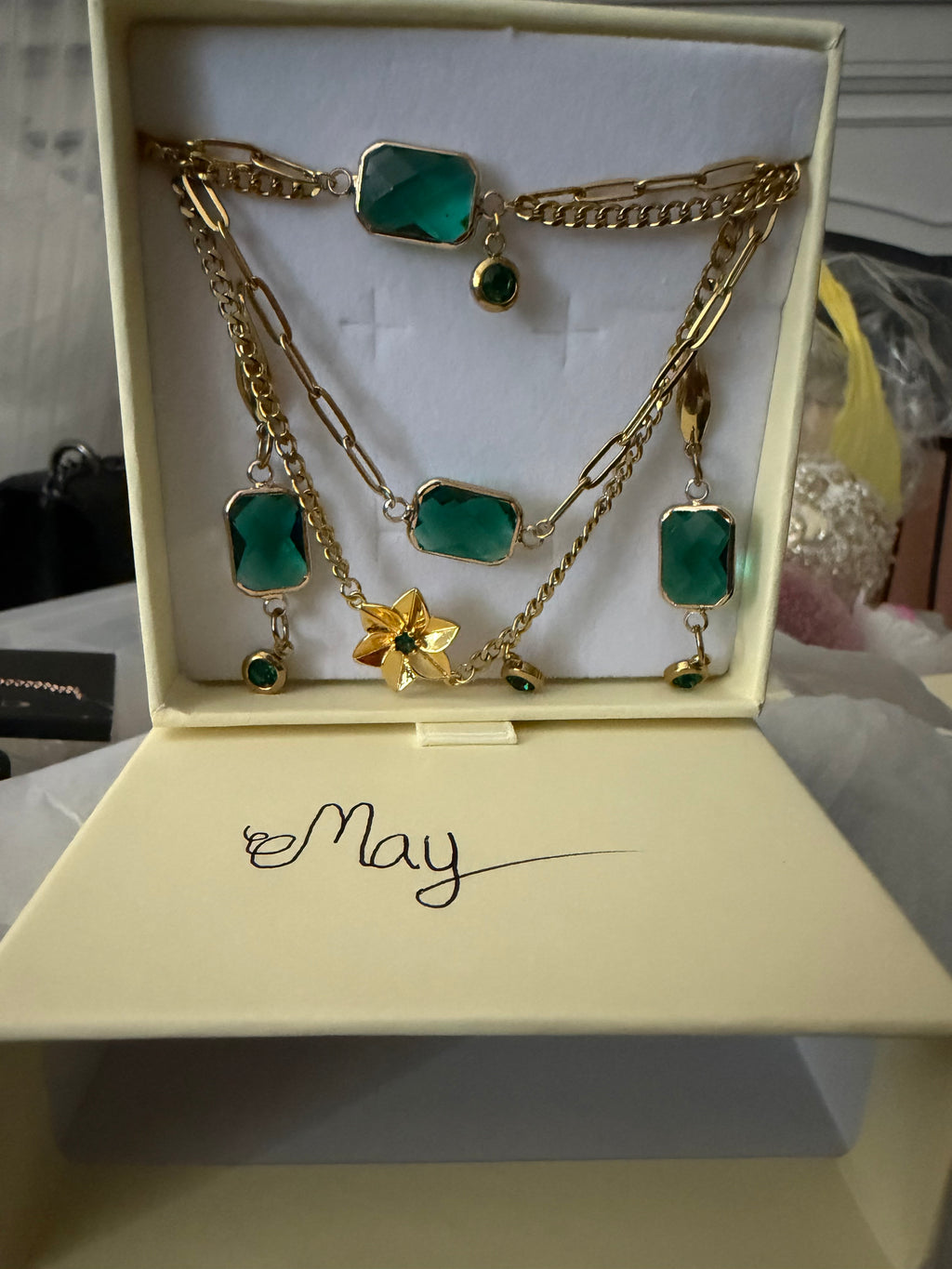 18k Gold PVD Birth Month double layered pendant Necklace, Bracelet and Earrings 3 pce set.