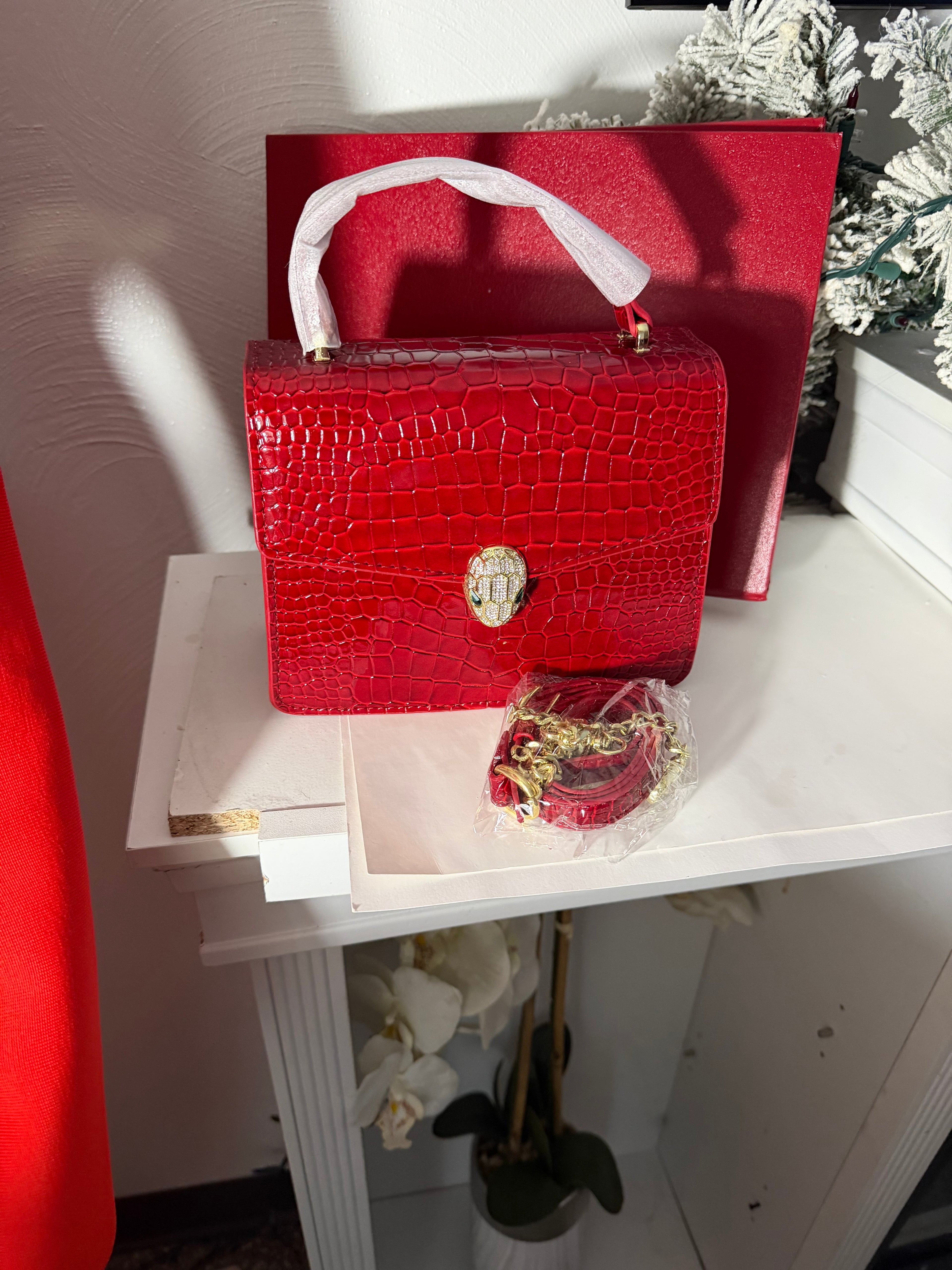 Red Croc Embossed Leather Handbag with Gold Serpent Snake Clasp | Emerald Eye Snake Head Top Handle Bag