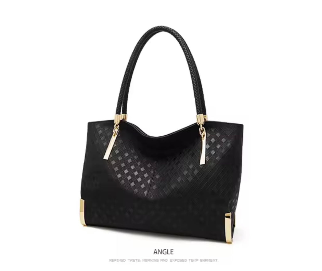 Black Leather Purse and Shoe Set | Gold Accent Boots or Heels, Genuine Leather, Cowhide