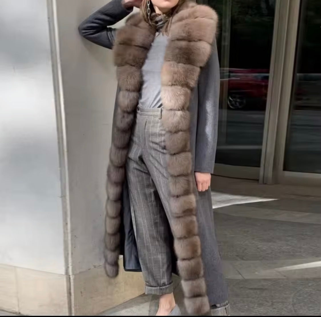 Long Luxury Wool & Cashmere Blend Coat for Women – Winter Warmth with a Genuine Silver Fox Fur Trim & Belted Waist