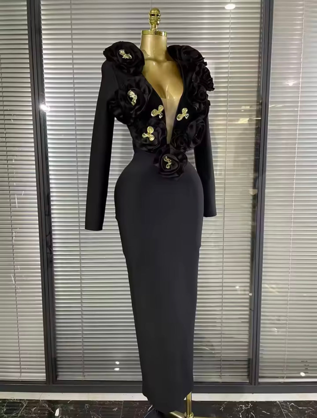 Luxury 3D Rose Floral Accent Long Sleeve Maxi Bandage Dress – Elegant Evening Gown