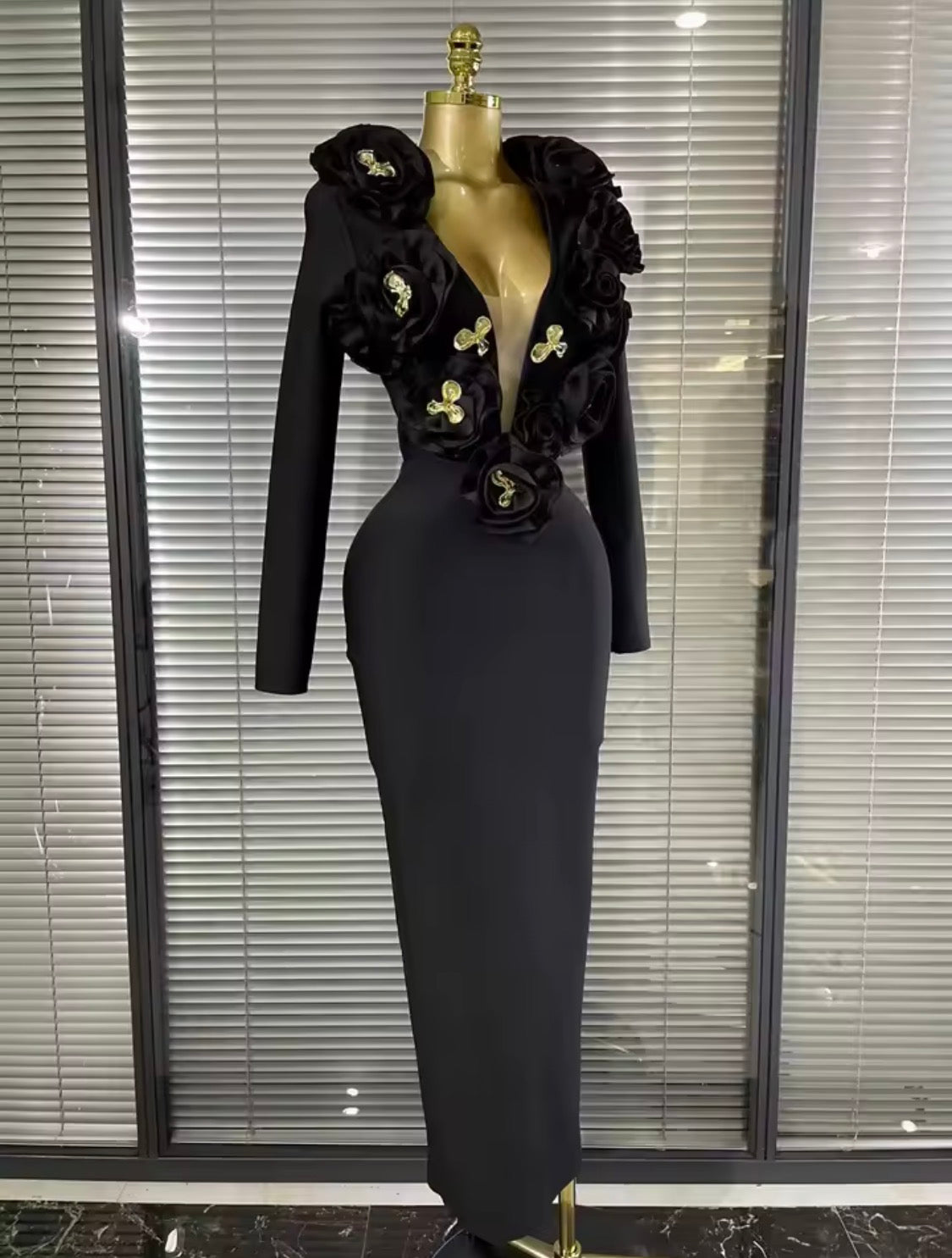 Luxury 3D Rose Floral Accent Long Sleeve Maxi Bandage Dress – Elegant Evening Gown