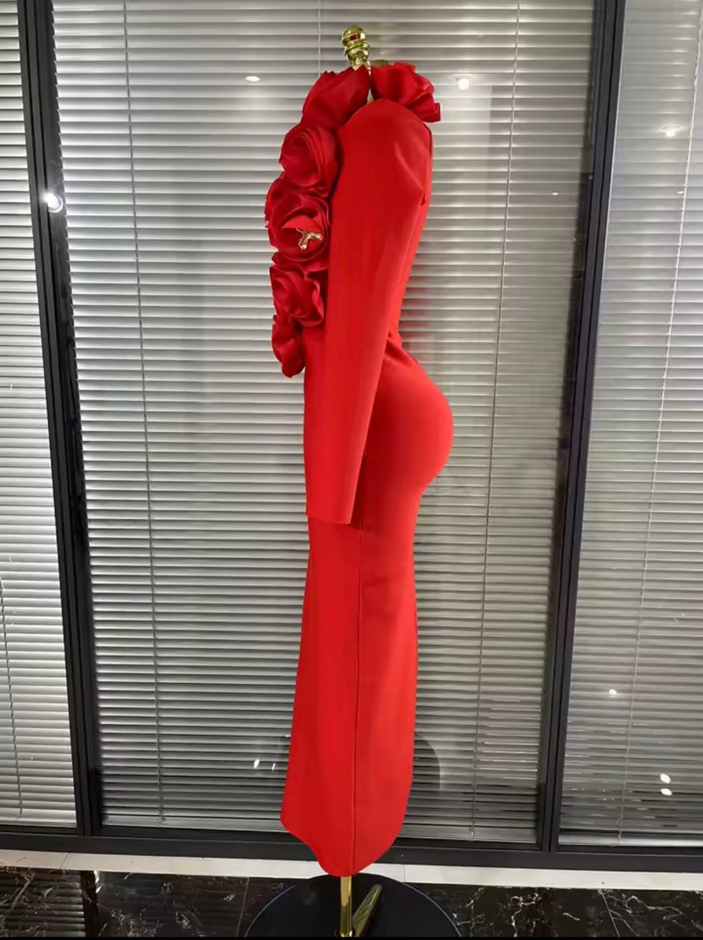 Luxury 3D Rose Floral Accent Long Sleeve Maxi Bandage Dress – Elegant Evening Gown