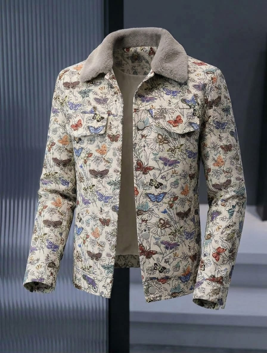 Men's Butterfly Print Winter Jacket with Faux Fur Collar | Warm Plush Fleece Lined Trucker Jacket