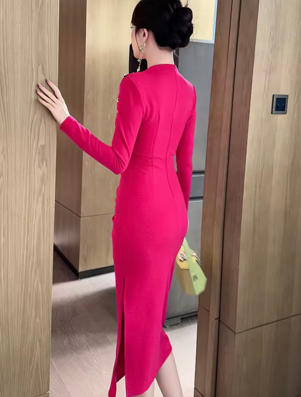 Red Rose Ruched Long-Sleeve Midi Dress with Bead Embellishments | Chic Cocktail & Party Dress