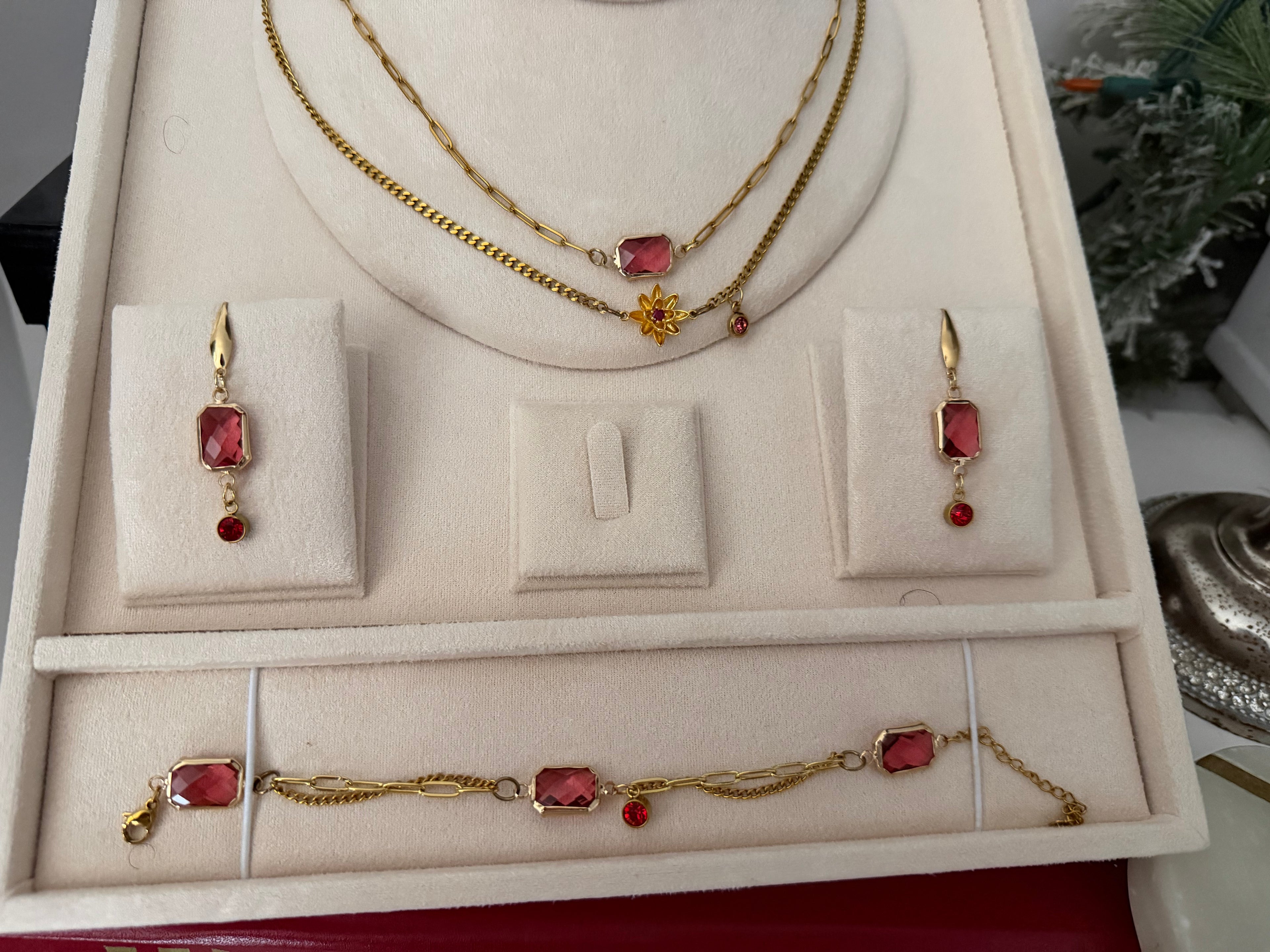 18k Gold PVD Birth Month double layered pendant Necklace, Bracelet and Earrings 3 pce set.