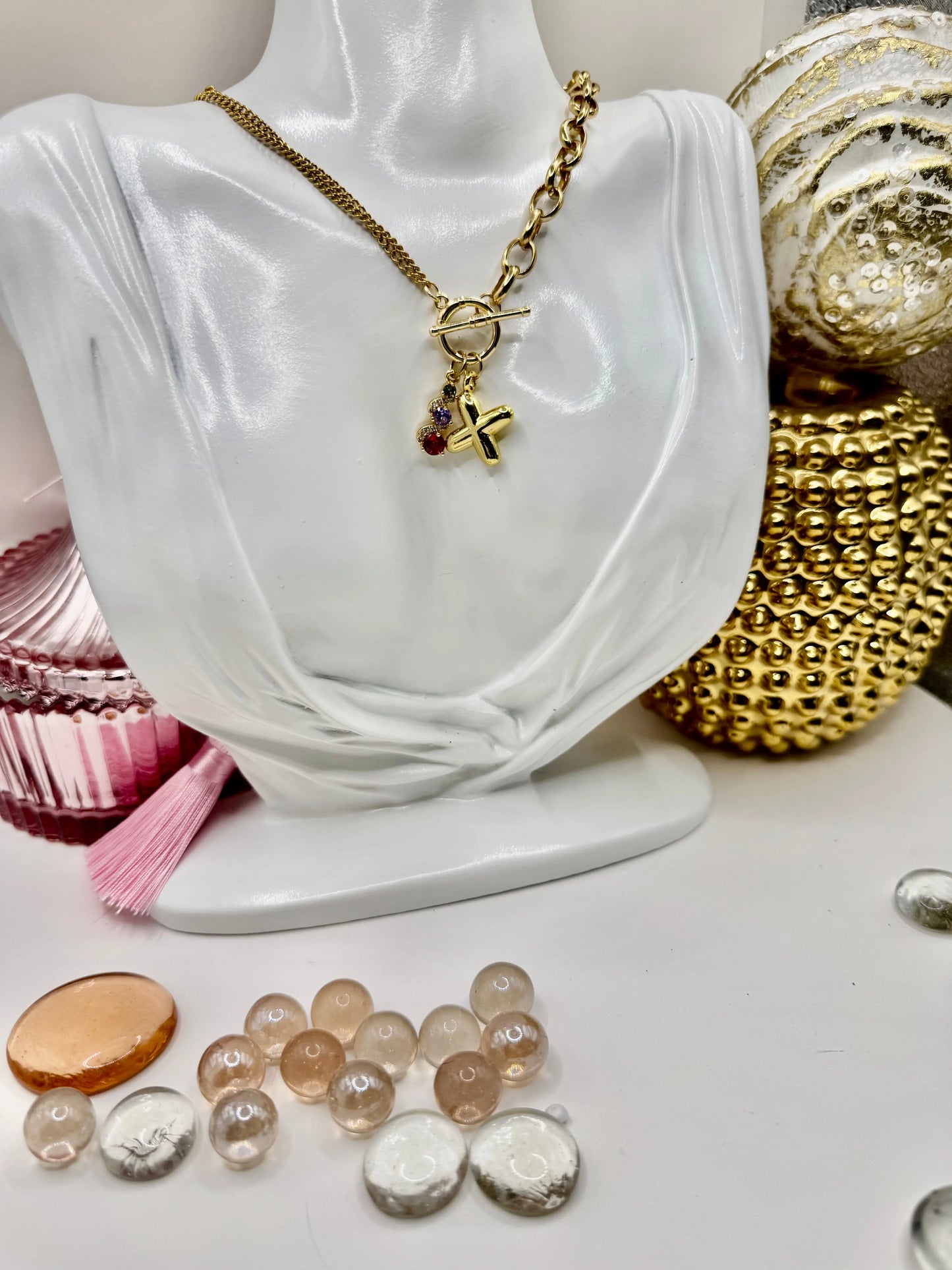 18K Gold PVD Initial Necklace with Multi-Color Gemstone Charms | Toggle Clasp Non-Tarnish Chain - JNi3 shop