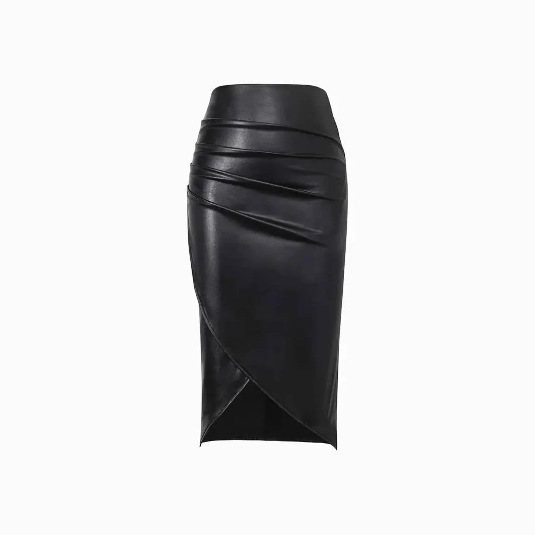 leather skirt and blouse outfit