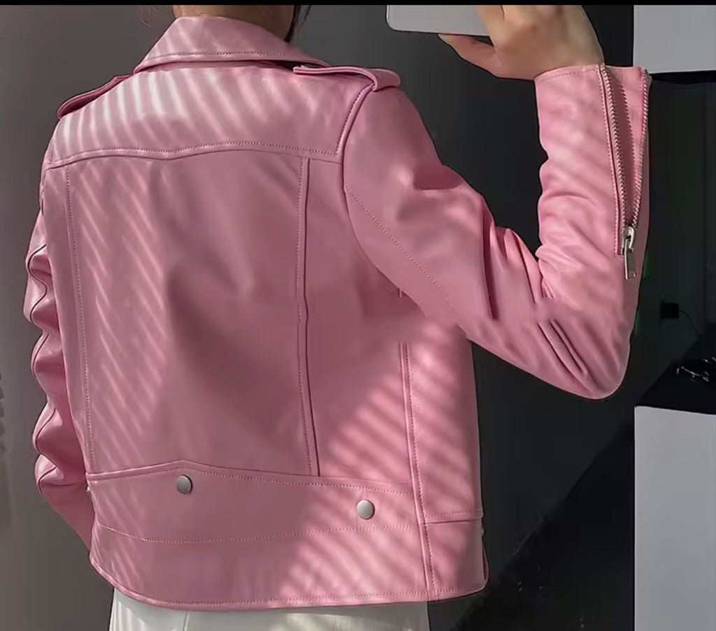 Pink Leather Moto Jacket for Women, Genuine Leather Biker Jacket, Pastel Pink Motorcycle Jacket