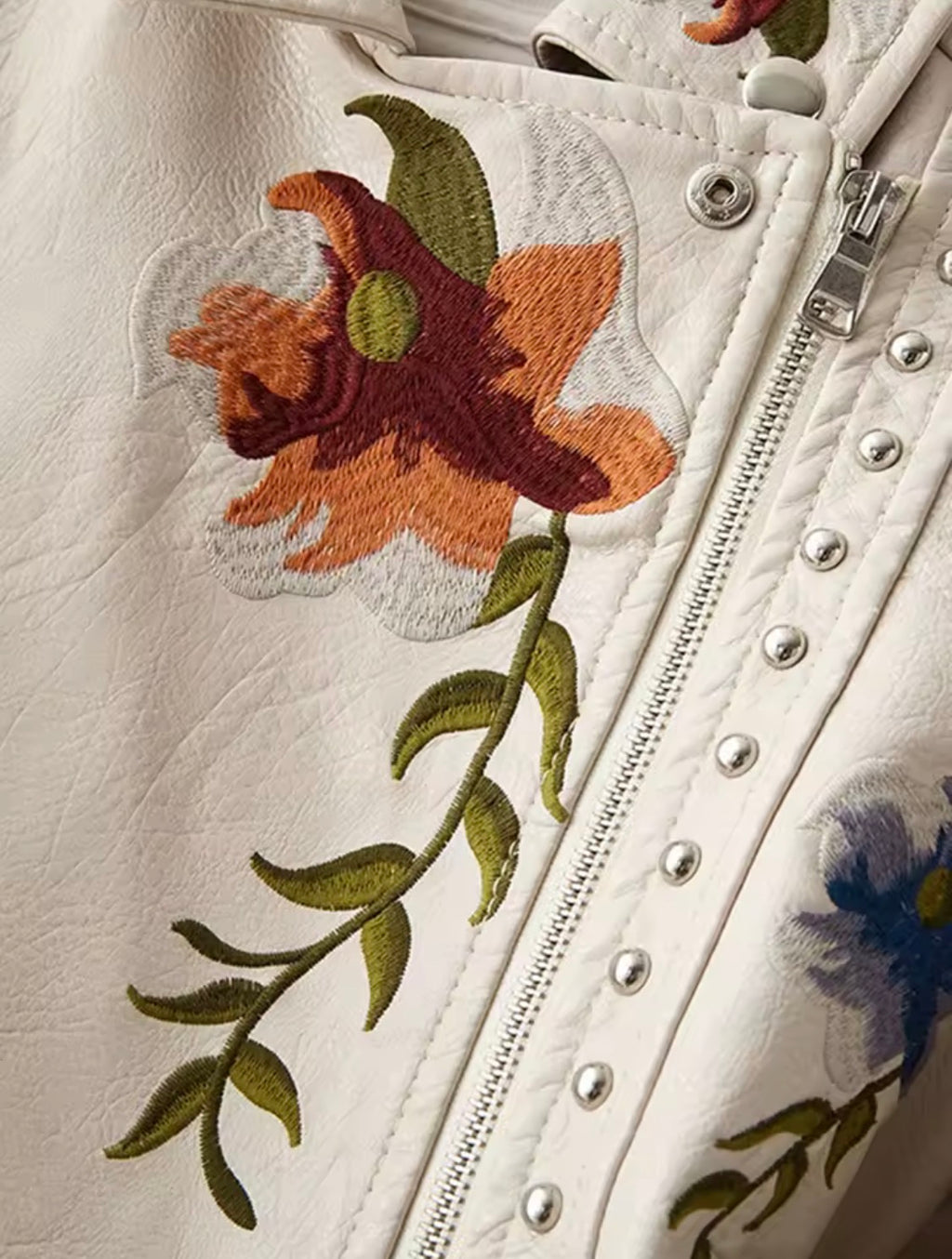 Women's Vintage Floral Embroidered Faux Leather Moto Jacket – Studded Asymmetric Biker Coat