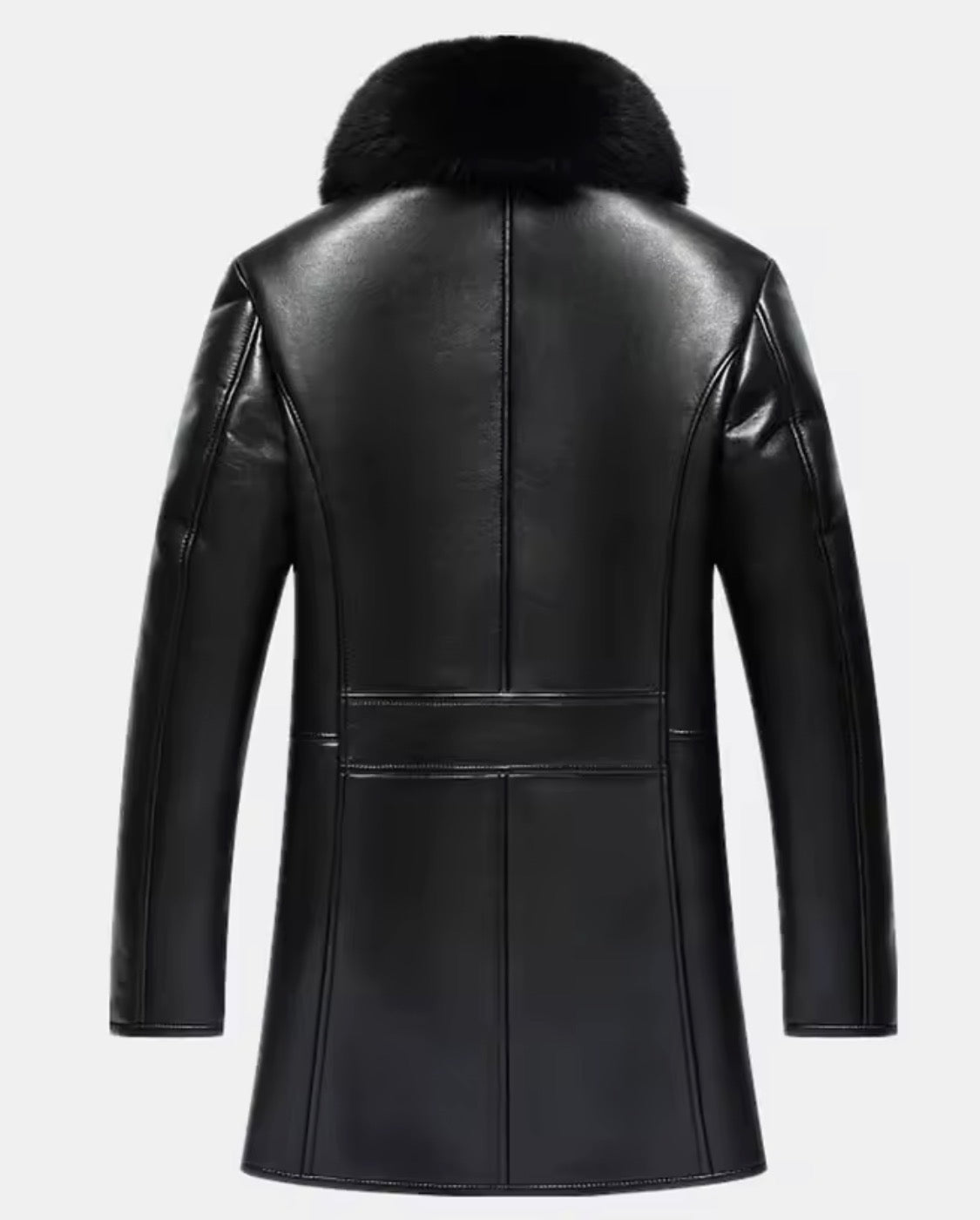 Men’s Real Sheepskin Leather Coat Mid-Length Winter Jacket with Fox Fur Collar and Plush Fur Lining